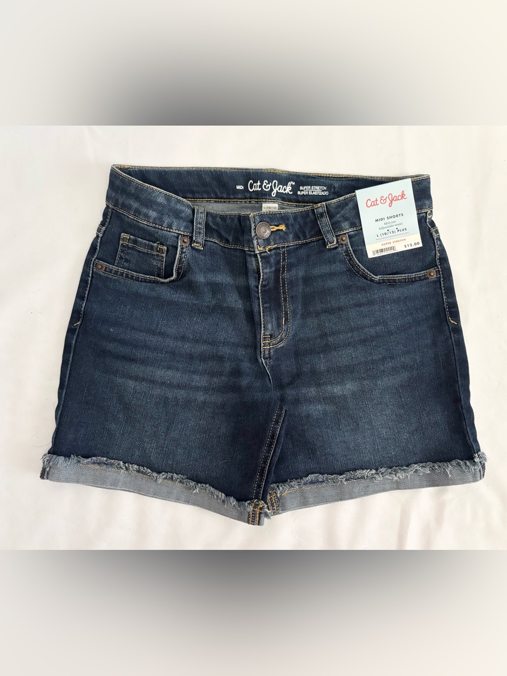 🔥Cat & Jack Girls Dark Blue Denim Midi Cutoff Shorts, Size: L (10/12) Plus, NWT